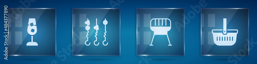 Set Wine glass, Grilled shish kebab on skewer, Barbecue grill and Picnic basket. Square glass panels. Vector