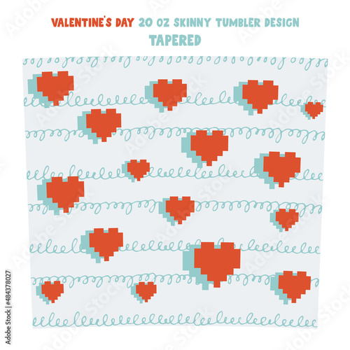 Vector tumbler wrap design with red hearts on blue surface. 20 oz skinny tumbler design