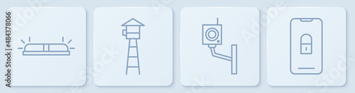 Set line Flasher siren, Security camera, Watch tower and Mobile with closed padlock. White square button. Vector