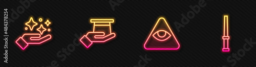 Set line Masons, Sparkle stars with magic trick, Magician hat in hand and wand. Glowing neon icon. Vector