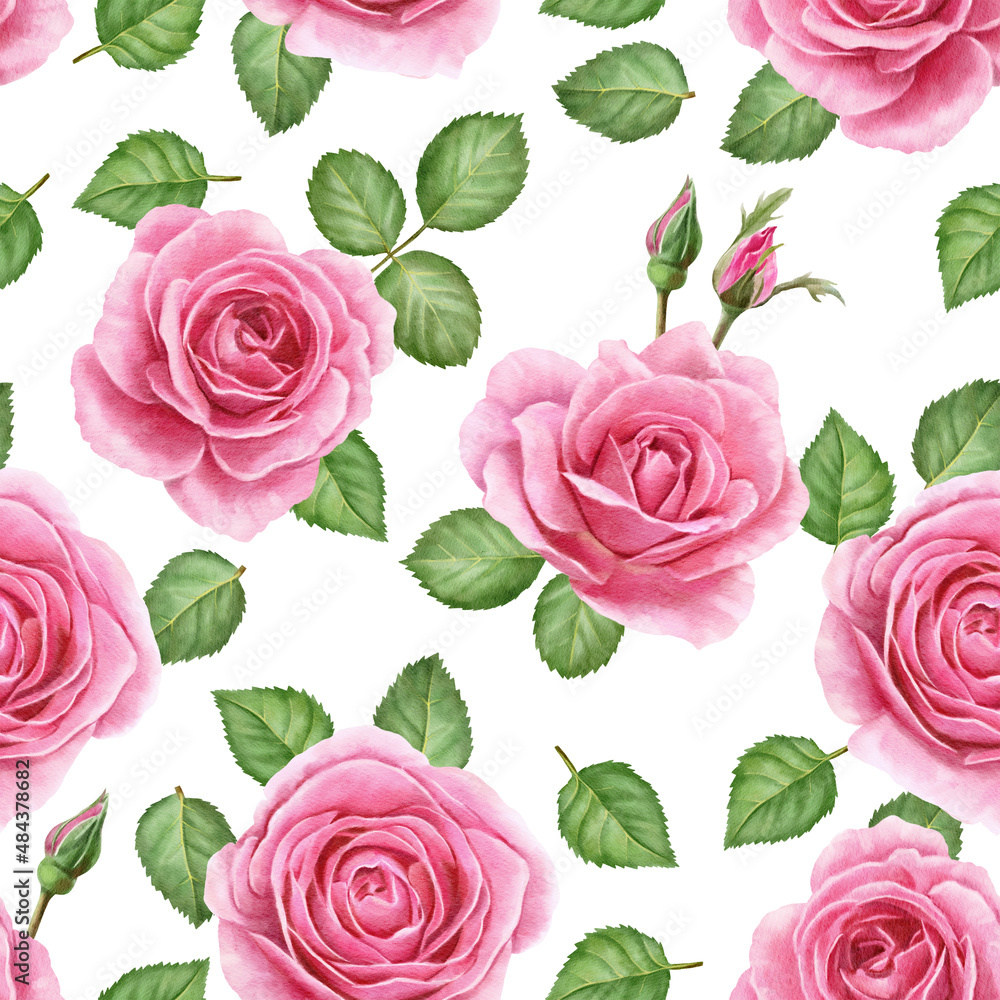 Seamless drawing with spring flowers and leaves. Flower pattern for wallpaper or fabric. Flower rose. Botanical tiles.