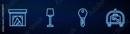 Set line Hotel door lock key, Interior fireplace, Table lamp and luggage cart. Glowing neon icon on brick wall. Vector