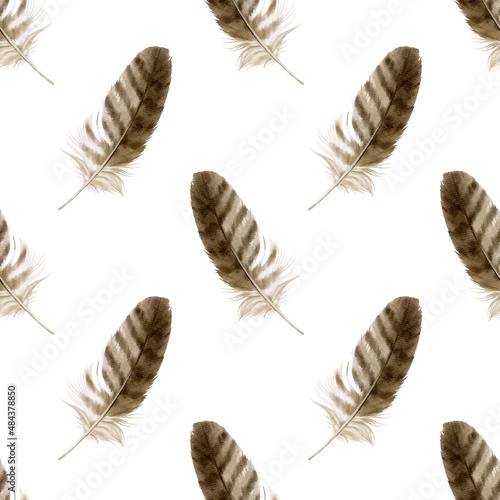 Feathers repeating pattern. Watercolor background with seamless illustration. Watercolour color organic design. Seamless boho texture with hand drawn feathers. Bright colors. © Мария