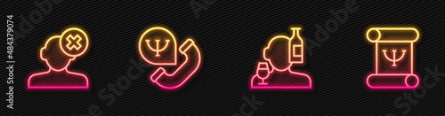 Set line Alcoholism, Solution problem in psychology, Online psychological counseling and Psychology book. Glowing neon icon. Vector