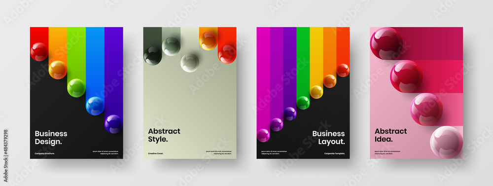 Simple company cover design vector concept collection. Trendy realistic spheres postcard template composition.