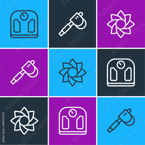 Set line Bathroom scales, Flower and Wooden axe icon. Vector