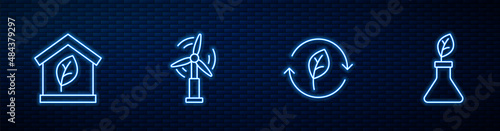 Set line Recycle symbol with leaf, Eco friendly house, Wind turbine and Plant breeding. Glowing neon icon on brick wall. Vector