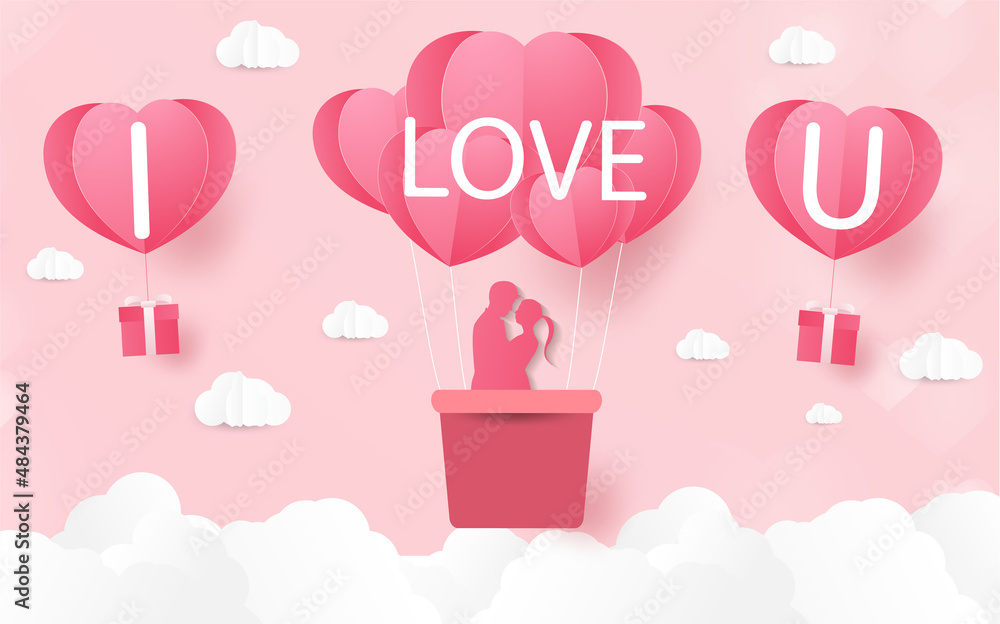 Love and Valentine day, Lovers stand and a paper art heart shape balloon floating in the sky. craft style.