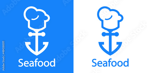 Logotipo restaurante. Banner con texto Seafood y silueta de gorro de cocinero con ancla con líneas en fondo azul y fondo blanco