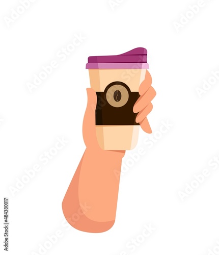 Vector illustration of hand holding cup of coffee to takeaway. Vector illustration in flat style