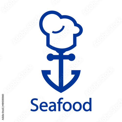 Logotipo restaurante. Banner con texto Seafood y silueta de gorro de cocinero con ancla con líneas en color azul