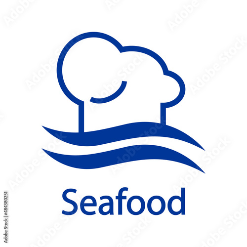 Logotipo restaurante. Banner con texto Seafood y silueta de gorro de cocinero con olas con líneas en color azul