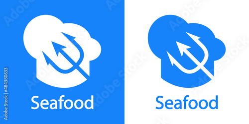 Logotipo restaurante. Banner con texto Seafood y silueta de gorro de cocinero con tridente en fondo azul y fondo blanco
