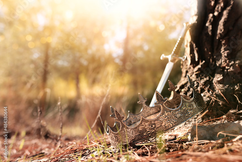 mysterious and magical photo of gold king crown and sword in the England woods. Medieval period concept.