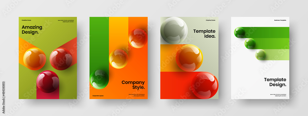 Modern corporate identity design vector template bundle. Multicolored 3D spheres company brochure concept collection.