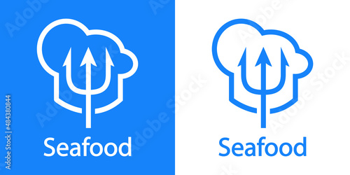 Logotipo restaurante. Banner con texto Seafood y silueta de gorro de cocinero con tridente con líneas en fondo azul y fondo blanco
