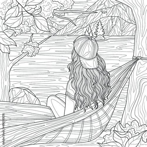 Coloring book antistress for children and adults. The girl sits in a hammock and looks at the lake and mountains. Landscape.Illustration isolated on white background. Zen-tangle style. Hand draw