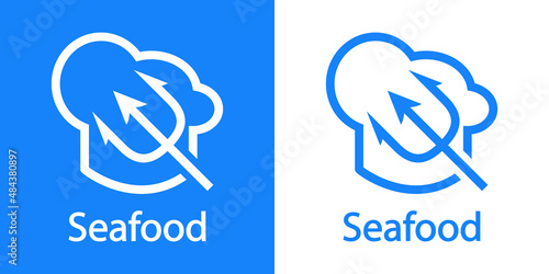 Logotipo restaurante. Banner con texto Seafood y silueta de gorro de cocinero con tridente con líneas en fondo azul y fondo blanco