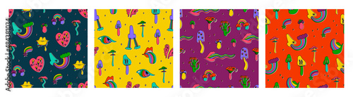 Set of vector seamless patterns with drawn psychedelic cartoon mushrooms with faces, eyes, tongues. Trendy cartoon multicolor background.