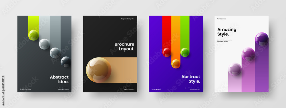 Clean brochure A4 vector design illustration collection. Simple 3D spheres magazine cover concept composition.