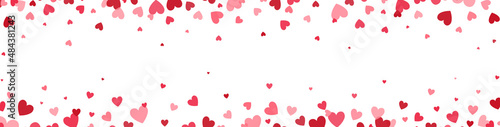 Heart confetti long border. Bright pink hearts falling on white background. Celebration backdrop. Valentines Day banner for greeting cards, wedding invitation, gift packages. Vector illustration