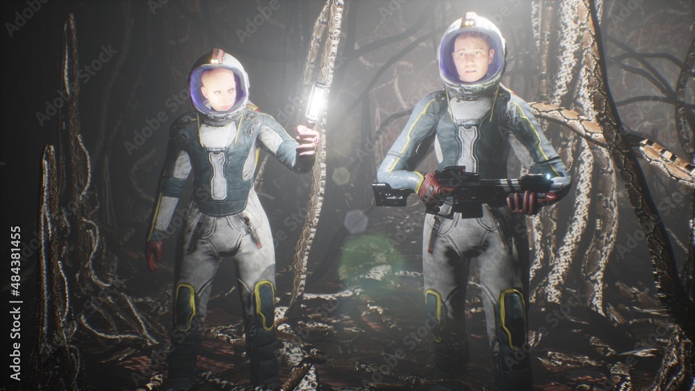 ภาพประกอบสต็อก Astronauts on an alien planet find themselves in a cave ...