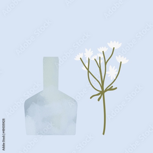 hand-drawn illustration of the branch with white flowers and glass vase