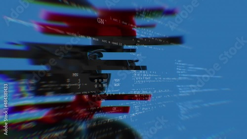 Technological background with robotic human face and programming code on holographic virtual screens