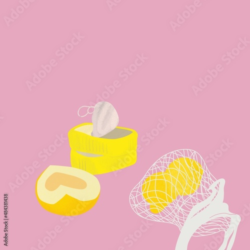 canned fish with lemons in string bag still life illustration