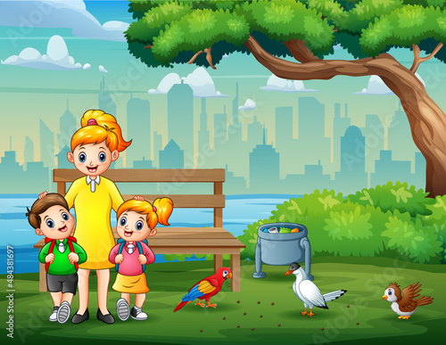 Illustration of a mother and her children in city park