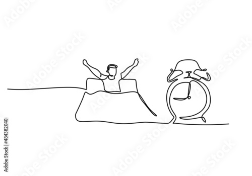 One continuous single line of man wake up with alarm clock beside him isolated on white background.