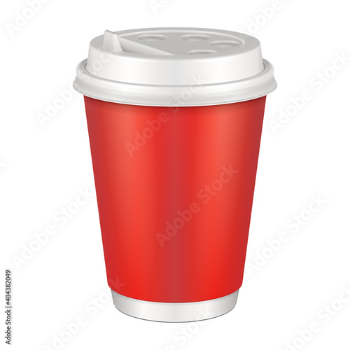 Mockup Red Blank Disposable Paper Cup With Lid. Container For Hot Drink: Coffee, Java, Tea, Cappuccino. Illustration Isolated On White Background. Mock Up Template Ready For Your Design Vector EPS10