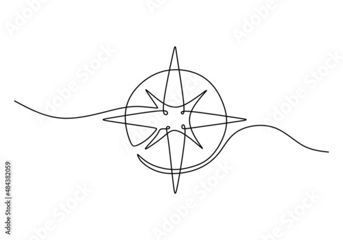 One continuous single line of compass for navigation isolated on white background.
