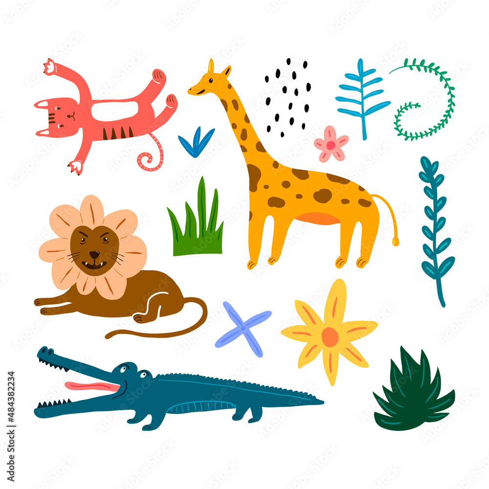 Set of lion, crocodile, giraffe and zebra cute animal in childish style isolated on white background. Set of lion, crocodile, giraffe and zebra cute animal in childish style isolated on white background.