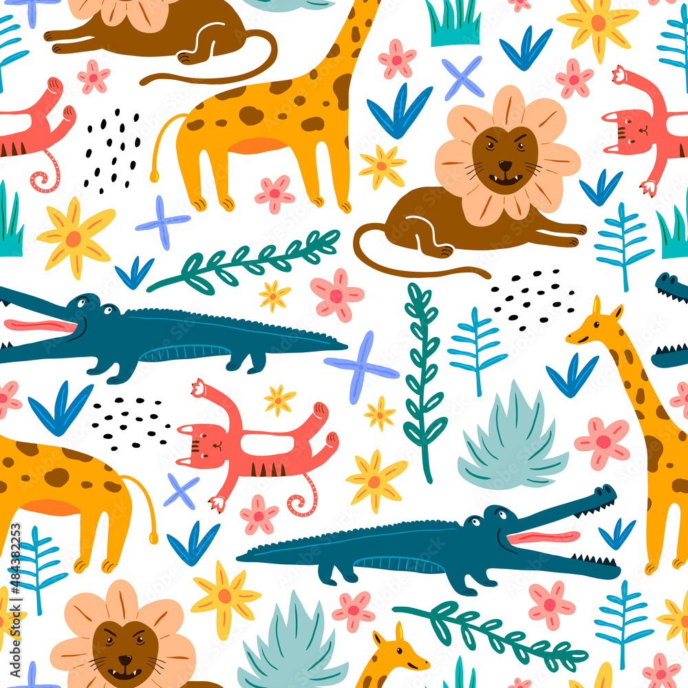 Seamless pattern of lion, crocodile, giraffe and zebra cute animal in childish style isolated on white background. Seamless pattern of lion, crocodile, giraffe and zebra cute animal in childish style isolated on white background.