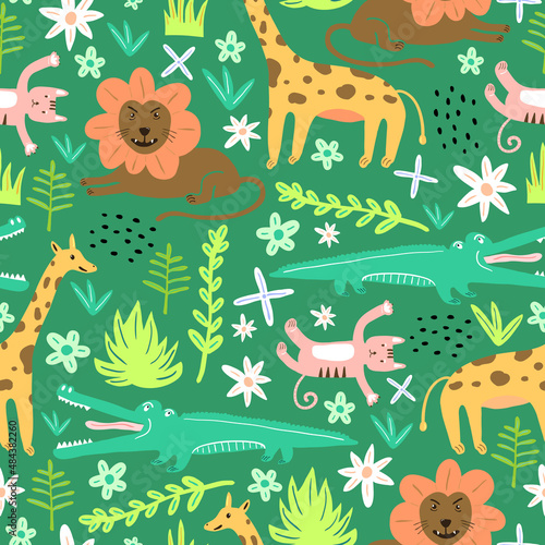 Seamless pattern of lion, crocodile, giraffe and zebra cute animal in childish style isolated on green background.