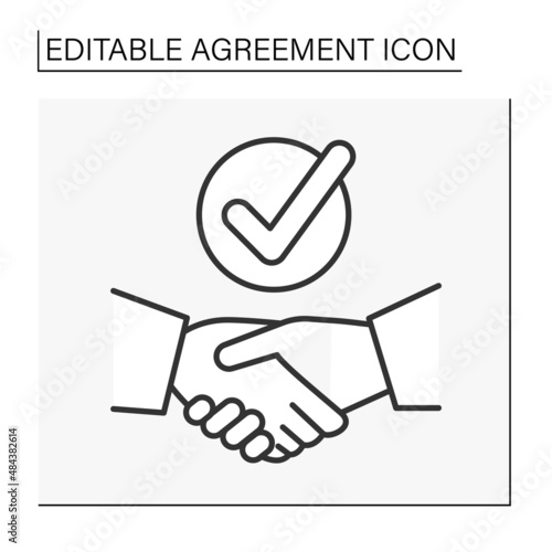  Deak line icon. Handshake through completed work. Checking mark. Agreement concept. Isolated vector illustration. Editable stroke