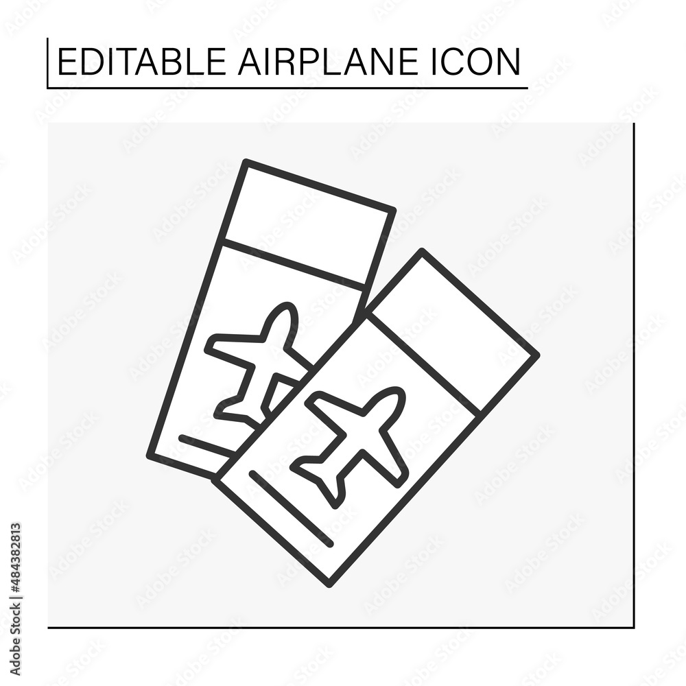 Transportation line icon. Tickets on flight. Travelling by plane. Airplane concept. Isolated vector illustration. Editable stroke