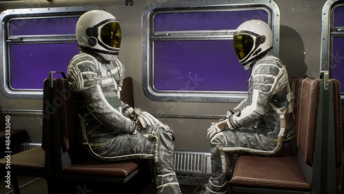 Fotografie Astronauts fly on a space train through the universe at breakneck speed