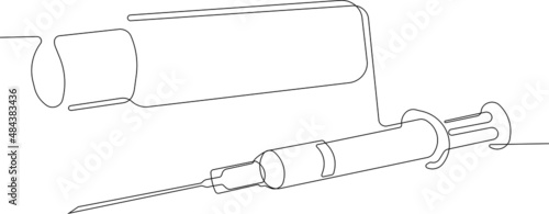 Continuous one line drawing of vaccine dose flu shot drug syringe in laboratory, microbiology and pharmaceutical research, medical and healthcare.