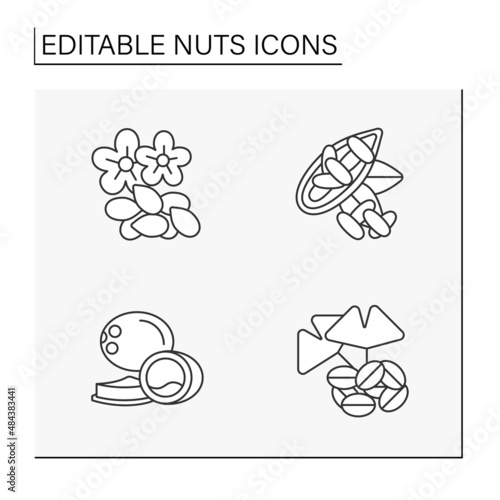  Nuts line icons set. Tasty and healthy snacks. Ingredients for food preparation.Balanced nutrition concept. Isolated vector illustration. Editable stroke