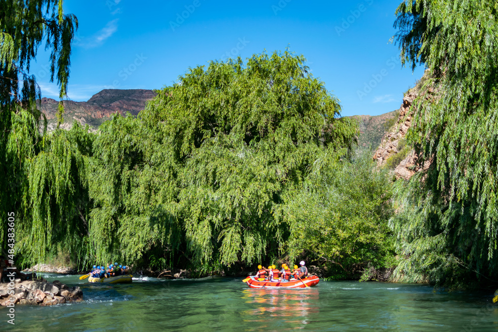 Rafting on a river with mountains and trees background