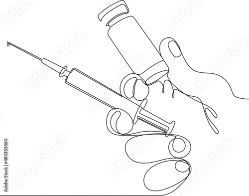 Continuous one line drawing of Medicine doctor and vaccine dose flu shot drug syringe in laboratory, microbiology and pharmaceutical research, medical and healthcare.