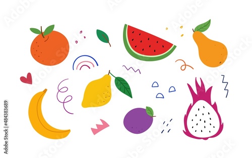 Fototapeta Naklejka Na Ścianę i Meble -  Set hand drawn abstract fruits, elements and doodles. Vector color flat illustration.