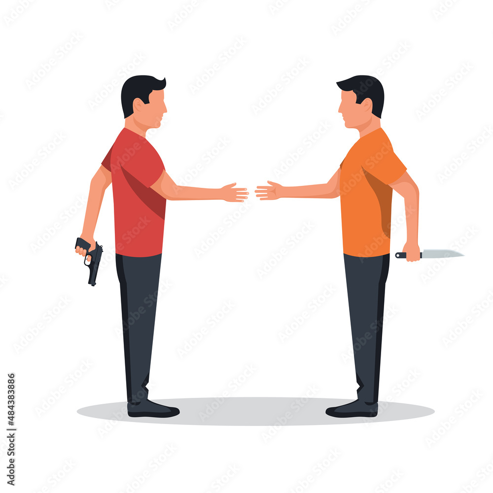 Betrayal metaphor. Two businessman shaking hands. Traitor businessman holds a knife for back and pistol. Cartoon male characters. Betrayal and lies. Vector illustration flat design.