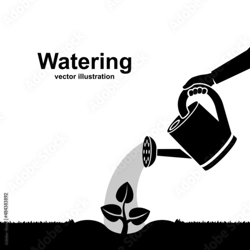 Black icon watering can hold in hand. Watering, fertilizer young sapling falling drop of water isolated. Plant sprout. Vector illustration flat design. Give life to a young sprout.