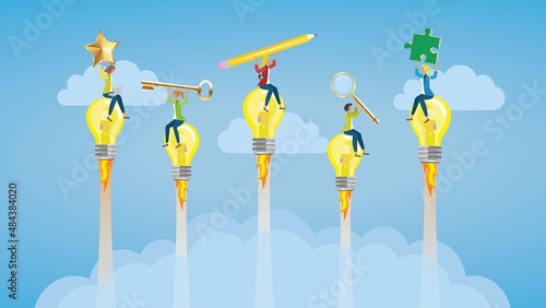 Inspirated coworkers flying on light bulb rockets. Vector illustration. EPS10.