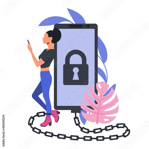 Internet addiction. Young girl in handcuff with chain holds smartphone. Nomophobia concept. Digital dependence. Digital detox. The habit of using social networks and media. Vector flat design.