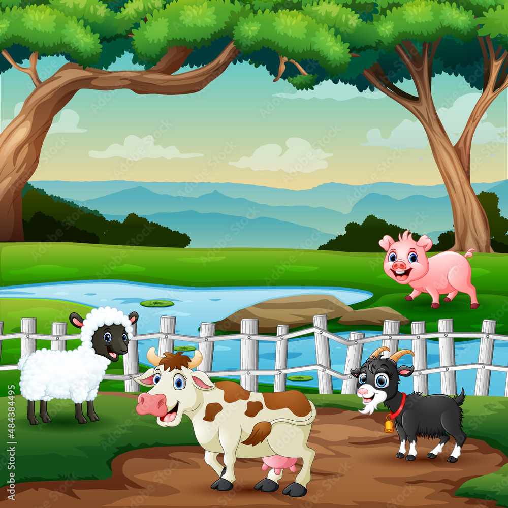 Cartoon farm animals playing at the farm