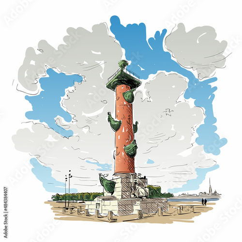 Russia. Saint Petersburg. Rostral column on the Vasilevsky island  hand drawn sketch. City vector illustration photo